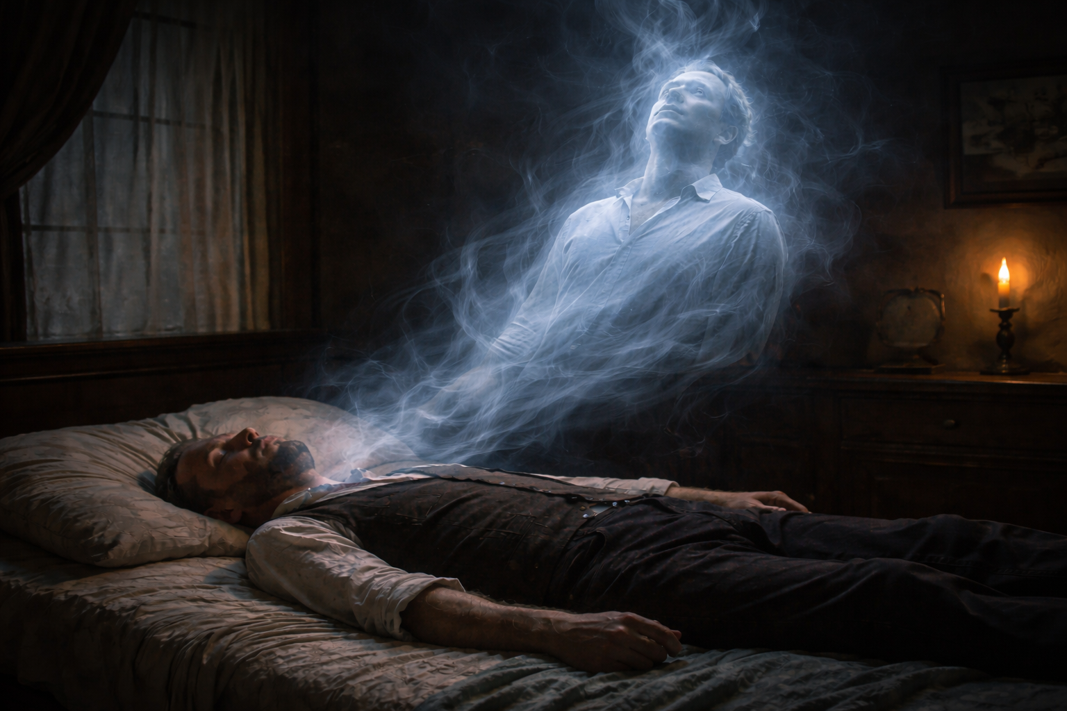 Spirit leaving a man's body in a dark Victorian bedroom with candle light