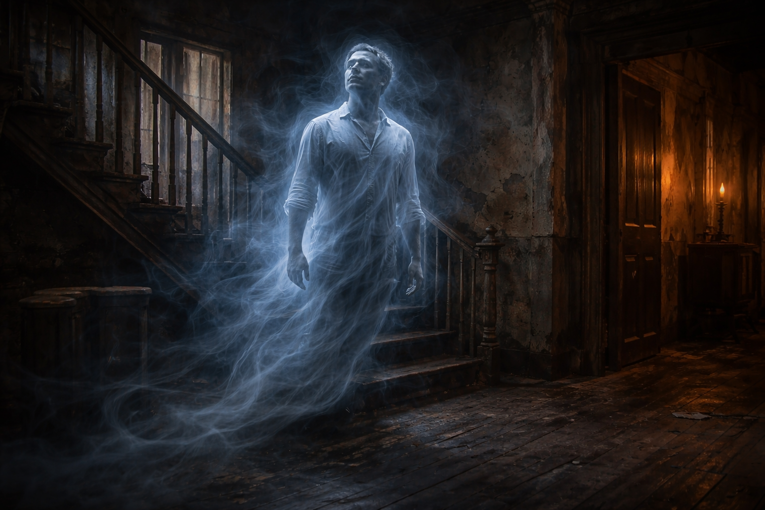 Ghost apparition floating in a dark historic building with candlelight in Savannah