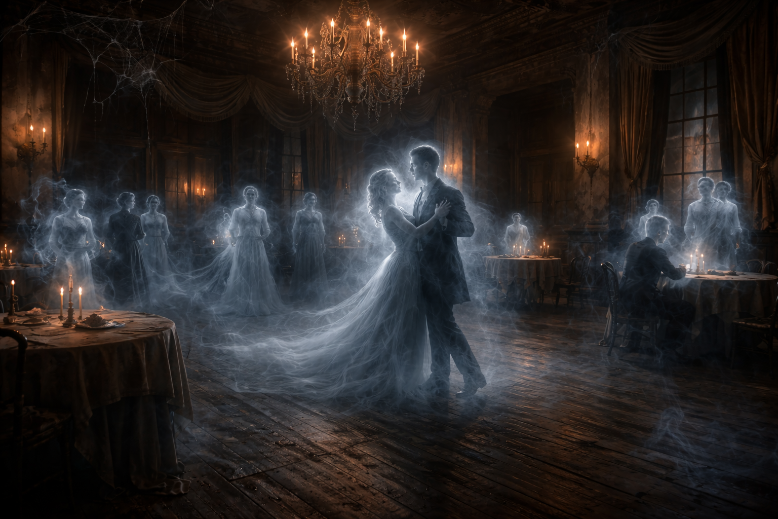 Ghostly apparitions dancing in an antebellum ballroom with chandelier