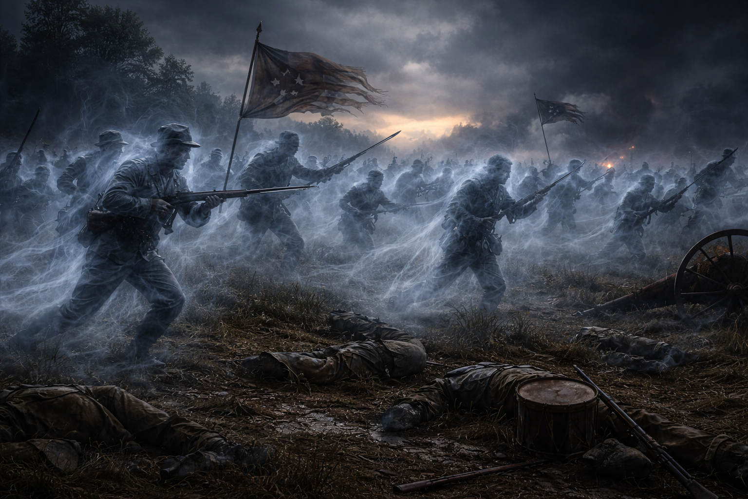 Ghost soldiers from the Civil War charging on a dark battlefield with Confederate flags