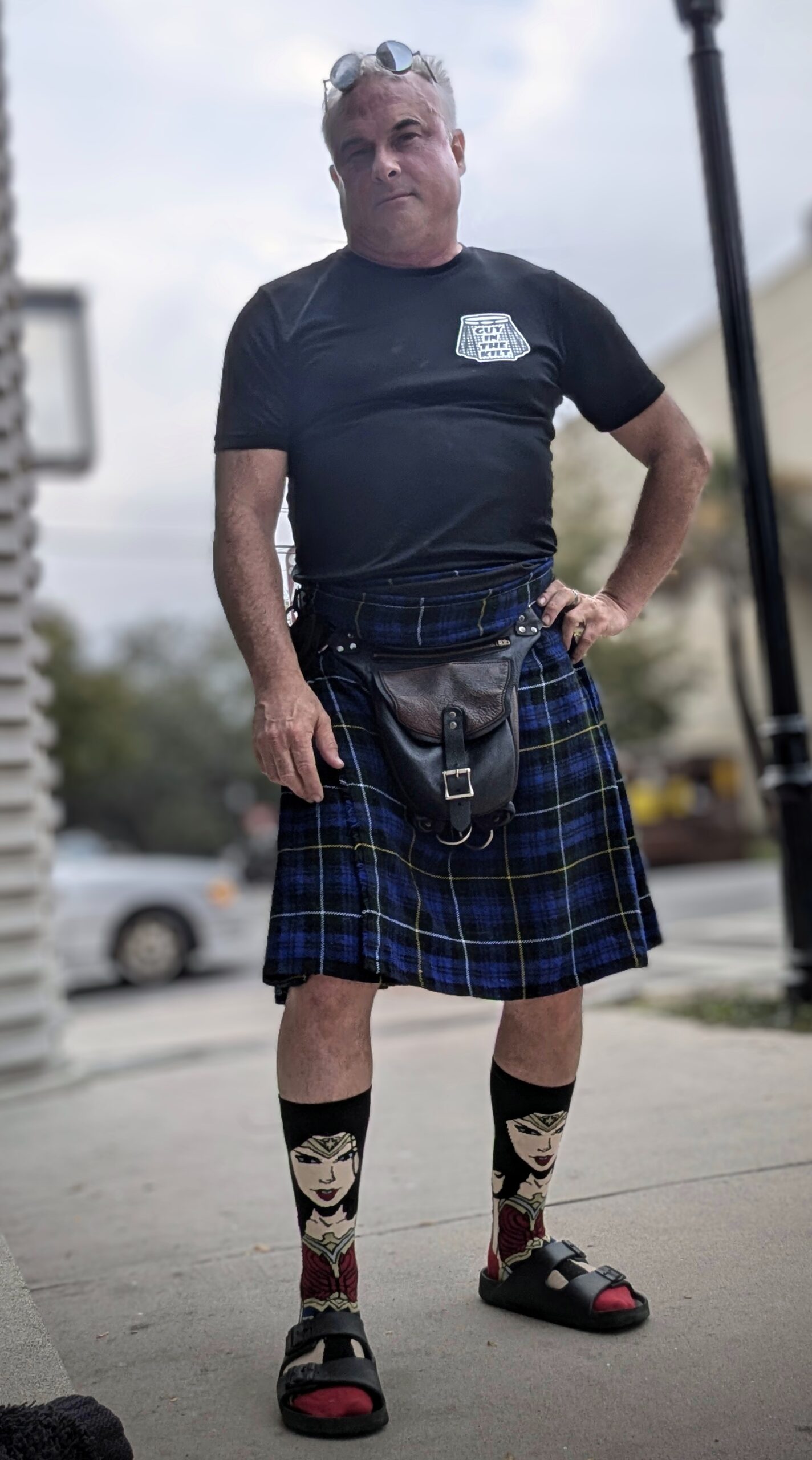 Patrick Burns Savannah paranormal tour guide in kilt with sporran on the street