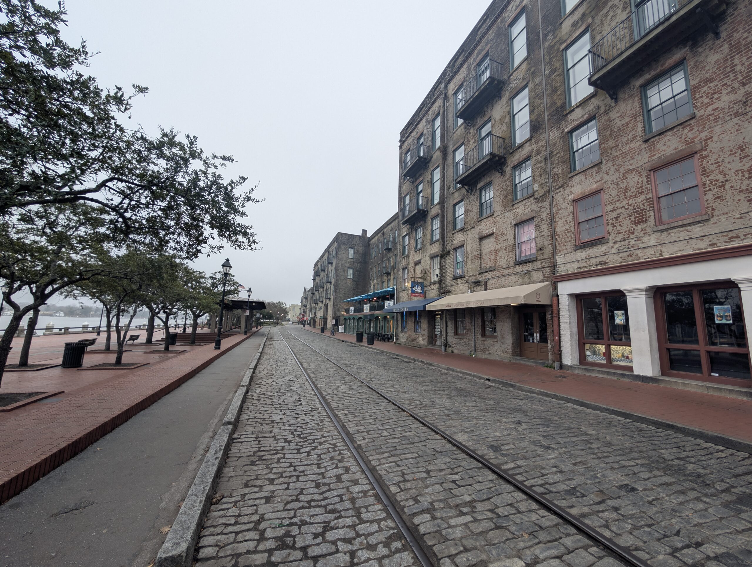 River Street Savannah cobblestones and ballast stone warehouses early morning empty