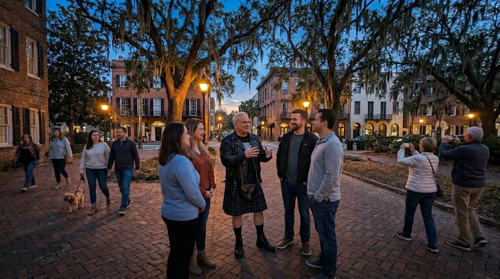 Patrick Burns leading a small group through a Savannah square at dusk — Guy in the Kilt Ghost Tours
